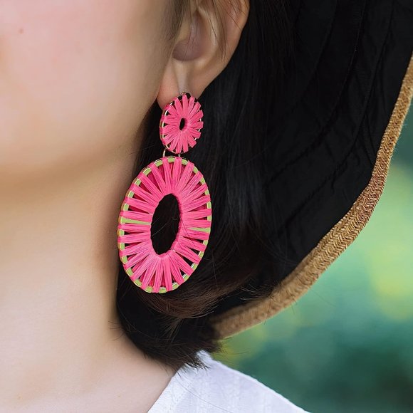 Statement Raffia Earrings Boho Drop Dangle Earrings for Women Handmade F… - Picture 9 of 16